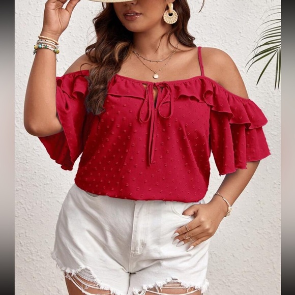 Plus Size Ruffle Off The Shoulder Top Blouse Shirt Red - Picture 4 of 4